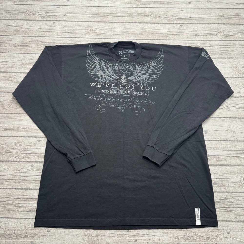 Y2K Duck Gear Aflac Shirt Mens 2XL Black Long Sleeve Wings Cotton Streetwear USA